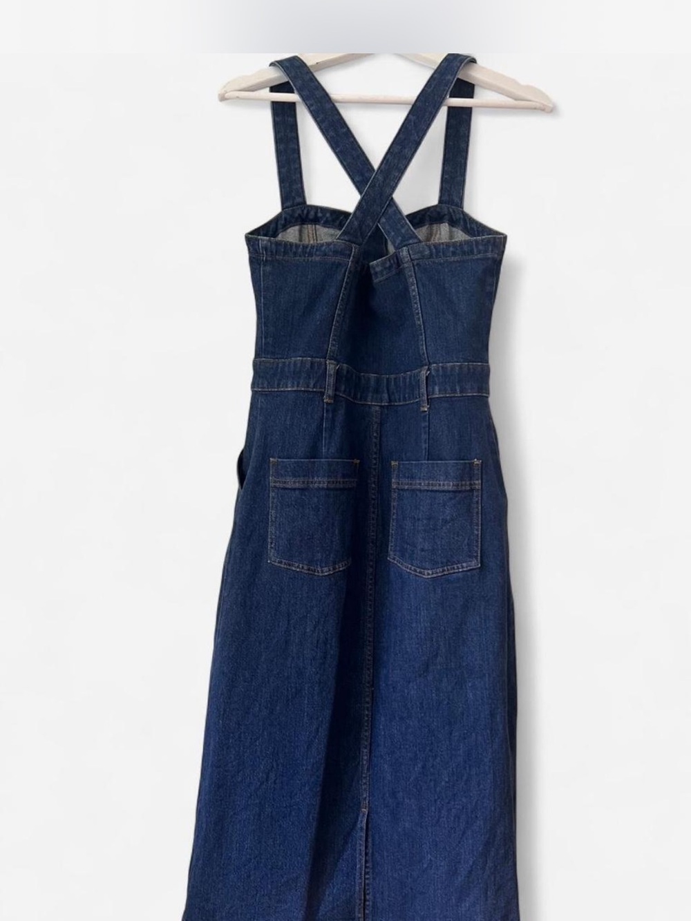 J.Crew Denim Midi Dress Size 8 Button Front Cross Back Straps - Picture 2 of 5